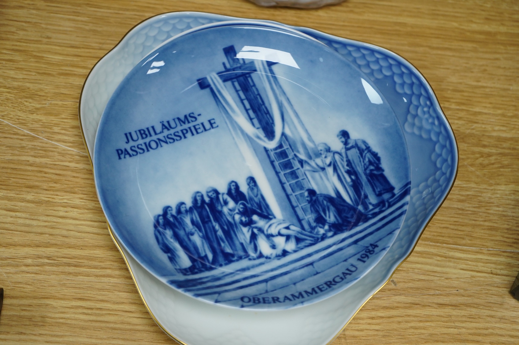 A small collection of Royal Copenhagen plates and a Bing & Grondahl Owl, 29cm high
